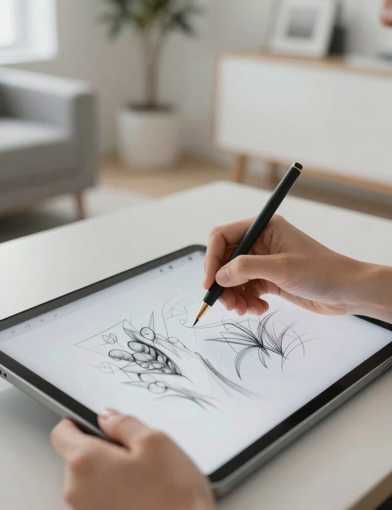 A detailed shot of a designer's hands sketching on a tablet in a bright, airy North American studio, minimalist furniture, pale grey and off white color scheme, professional focus.