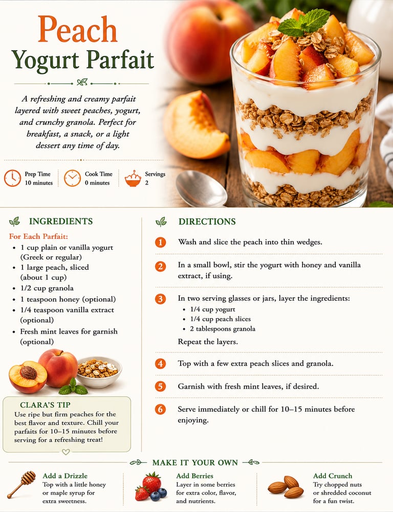 Layered peach yogurt parfait recipe with fresh fruit, granola, and yogurt in a glass jar.