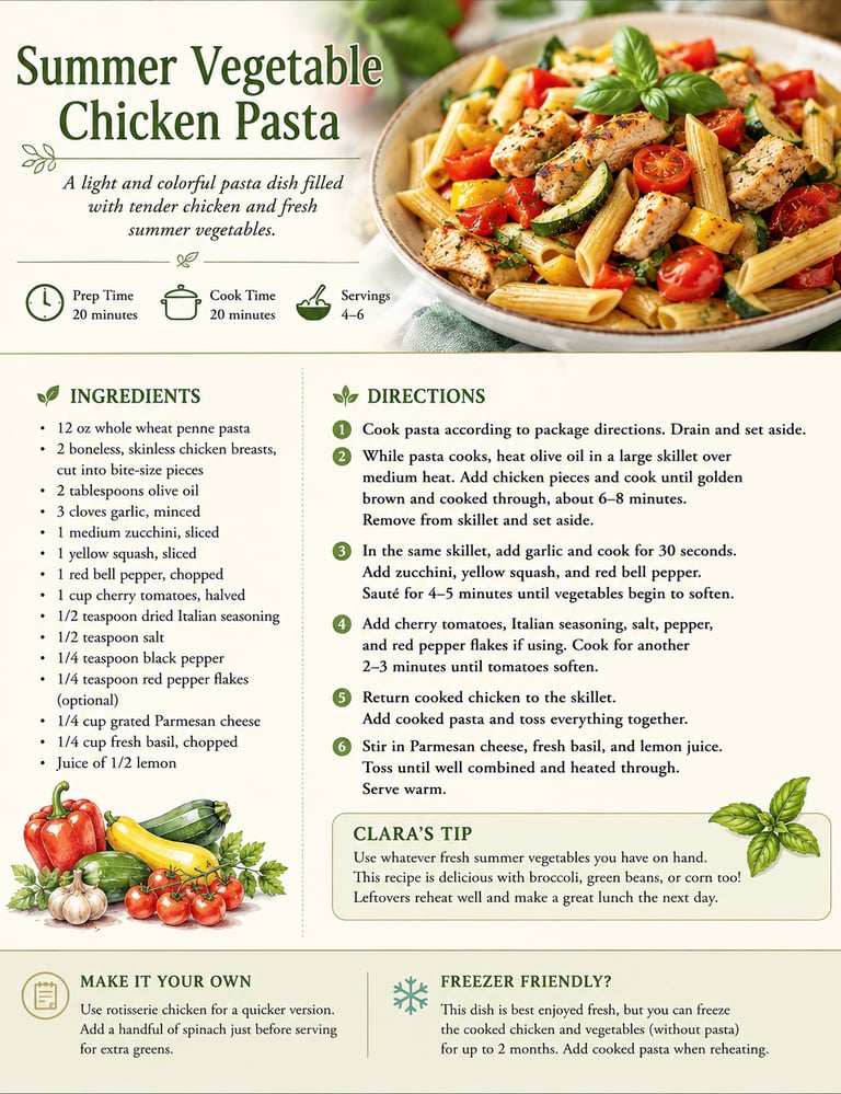 Summer vegetable chicken pasta recipe card with penne, grilled chicken, zucchini, and cherry tomatoes.