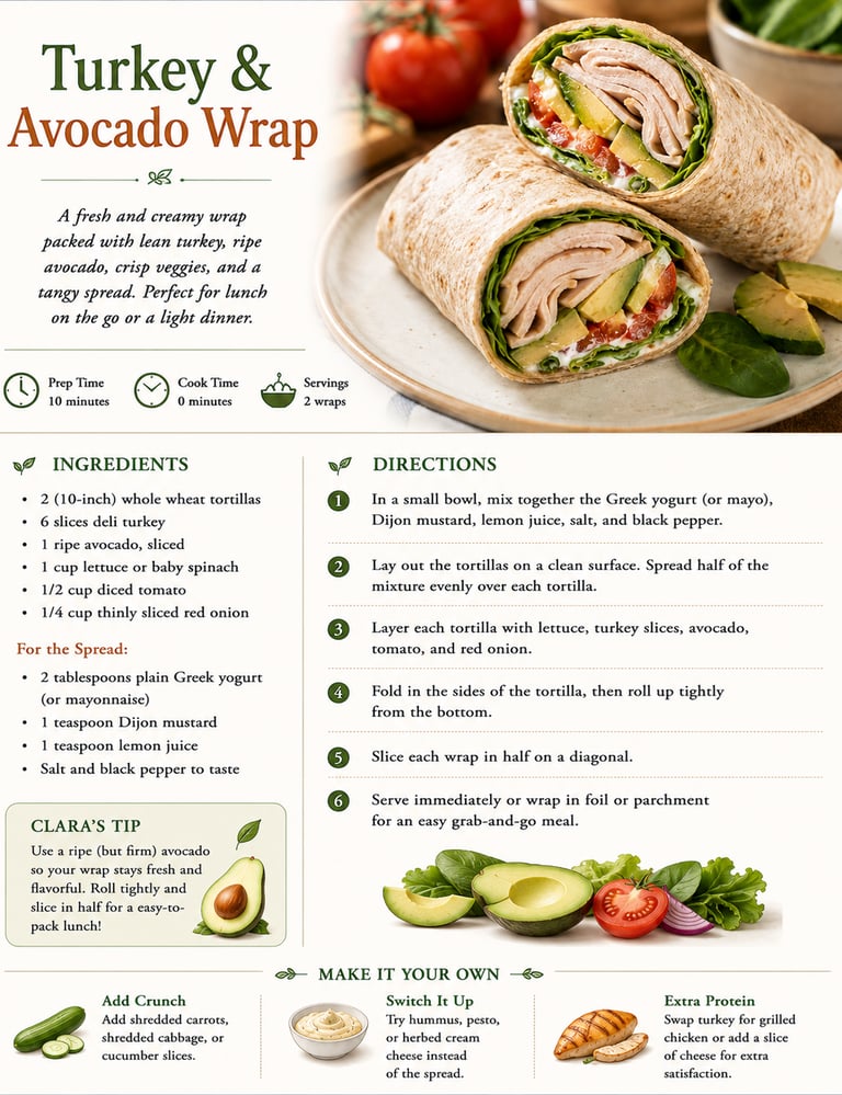 Turkey and avocado wrap recipe card featuring sliced whole wheat tortillas filled with deli meat and fresh vegetables.