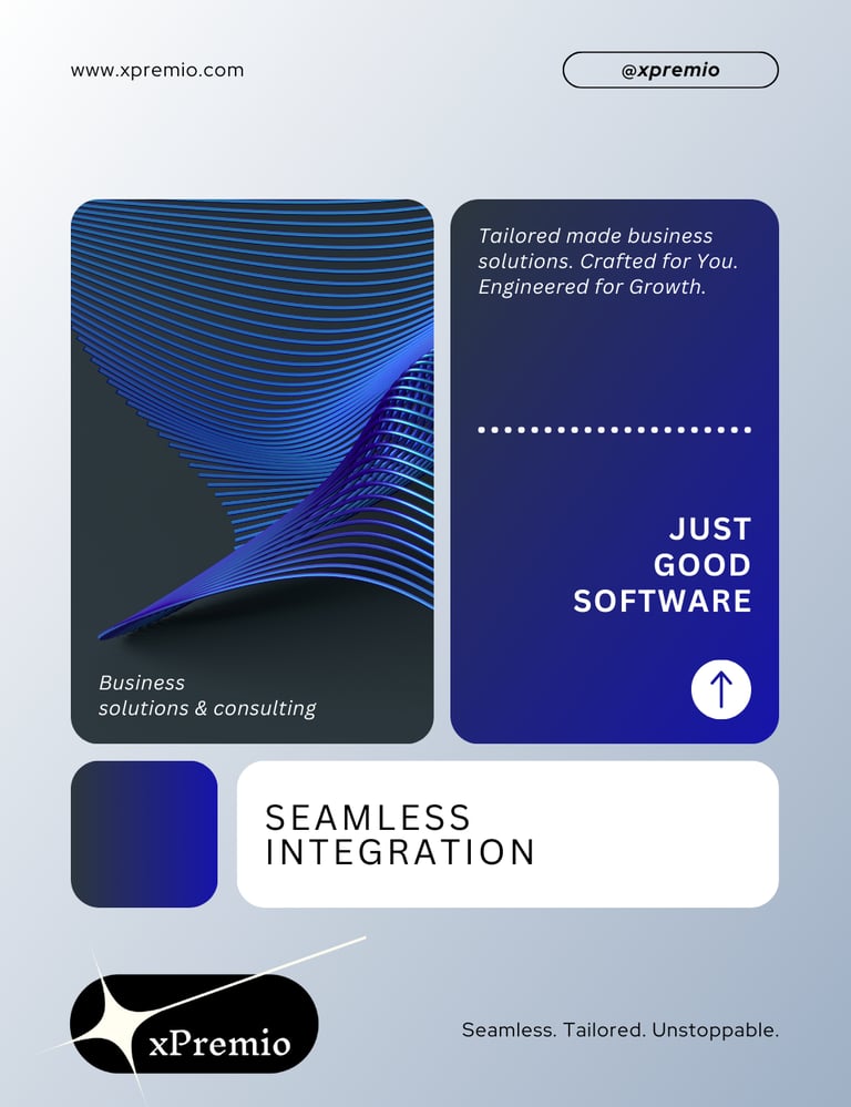 xPremio hero banner featuring abstract blue wave visualization, "Seamless Integration" headline, "Just Good Software" tagline