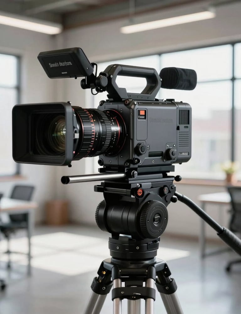 A sleek close-up of a professional cinema camera on a tripod inside a minimalist South American industrial office space. Natural light coming through large windows, sharp technical detail, professional corporate production mood.