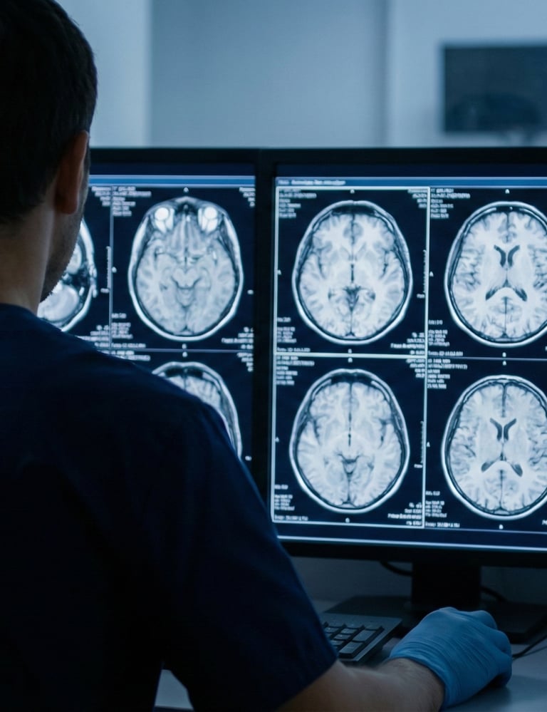 Neurologist reviewing multiple brain MRI scans on diagnostic imaging monitors.