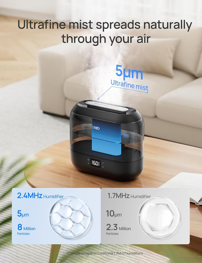 Cool mist from Dreo humidifier filling a large living room evenly