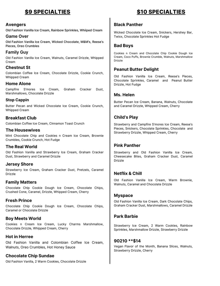 park ice cream menu specialties
