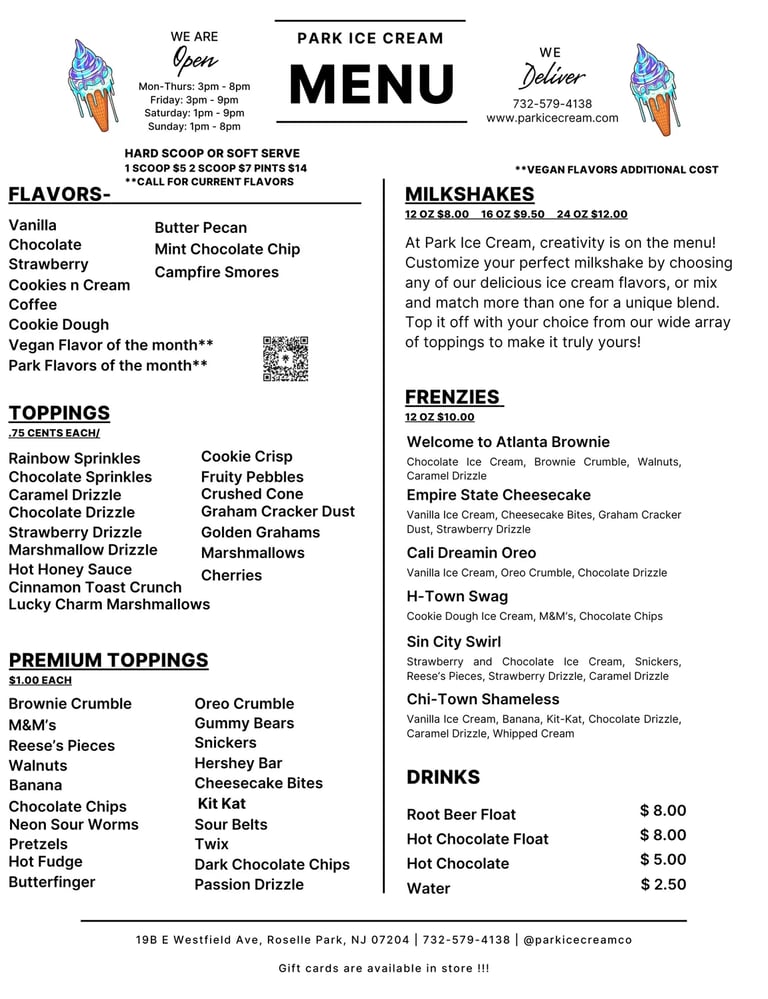 park ice cream menu toppings and flavors