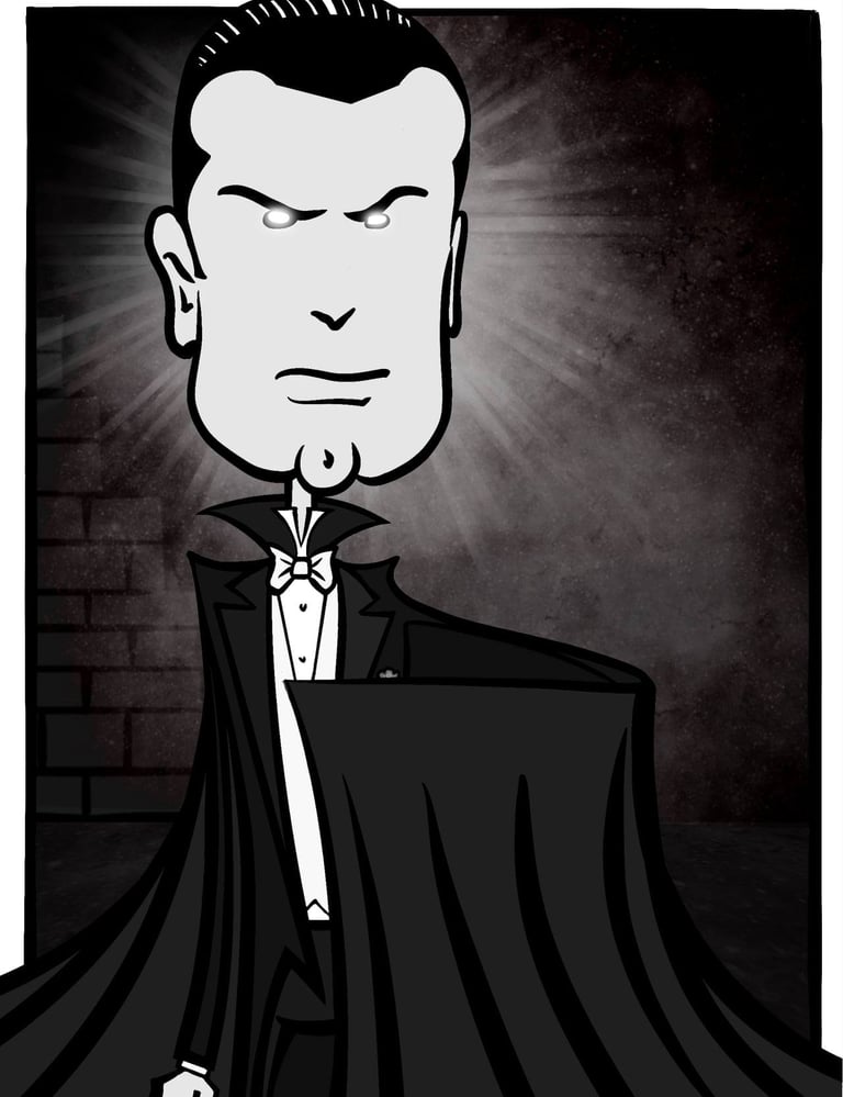 A stylized black-and-white cartoon of the 1931 Dracula stands ominously with glowing eyes.