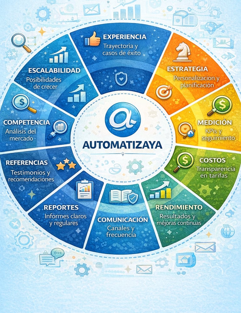Diagrama con los 10 criterios fundamentales para seleccionar la mejor agencia de marketing digital