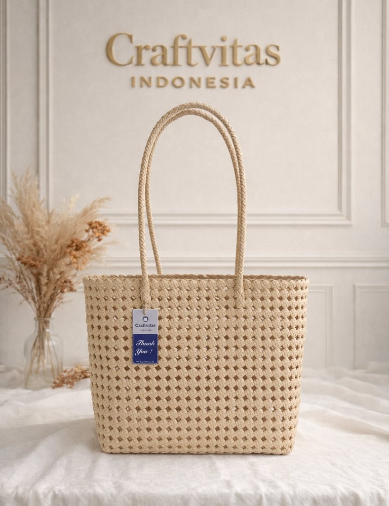 Tas anyaman plastik model sekar warna cream handmade Craftvitas Indonesia