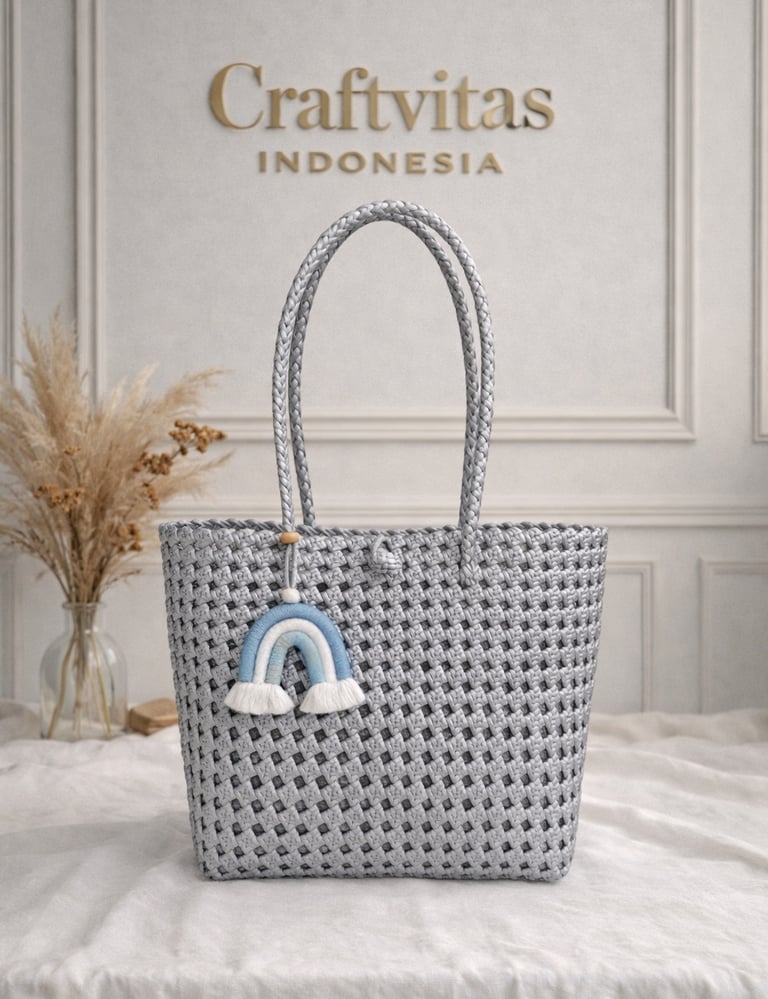 Tas anyaman plastik model sekar abu muda handmade dari Craftvitas