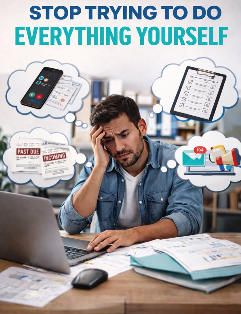 Small business owner overwhelmed with tasks and the message stop trying to do everything yourself