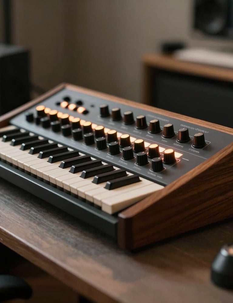 A professional photograph of a vintage analog synthesizer's wooden side panel and glowing knobs in a dimly lit, atmospheric studio space. Warm grey and taupe tones dominate the curated composition. International / Western setting.