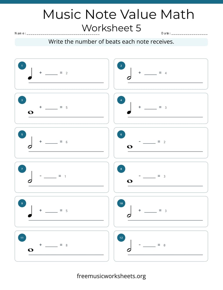 Music Note Value Math Worksheet 5