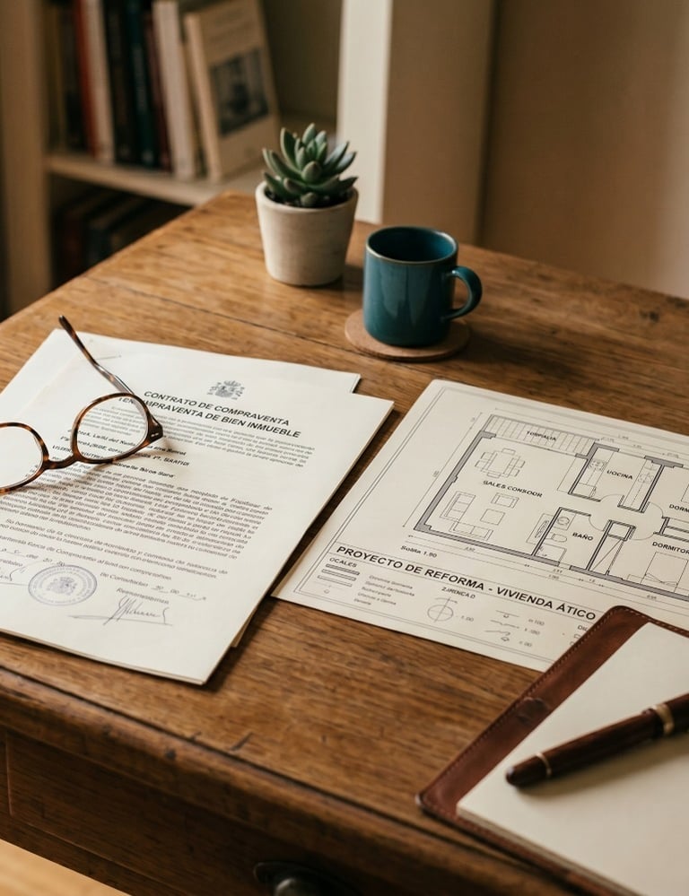 Documentación y plano de una vivienda sobre una mesa de madera