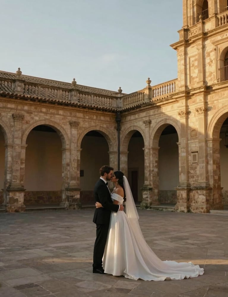 Cinematic wide shot of a couple embracing in a historic Spanish courtyard at sunset, warm gold light catching the textures of the stone, elegant wedding attire.