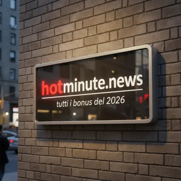  Insegna rettangolare montata su muro in mattoni, con il logo hotminute.news e la scritta “tutti i b