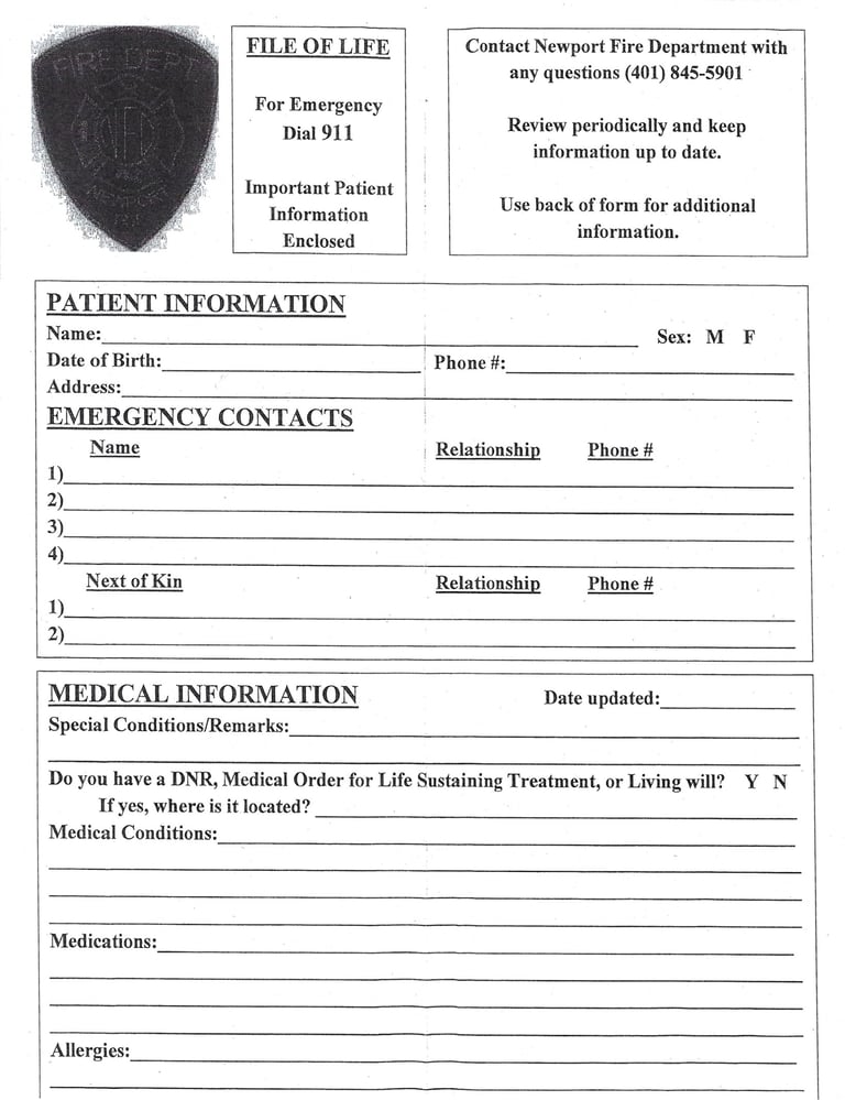 File of Life emergency info form