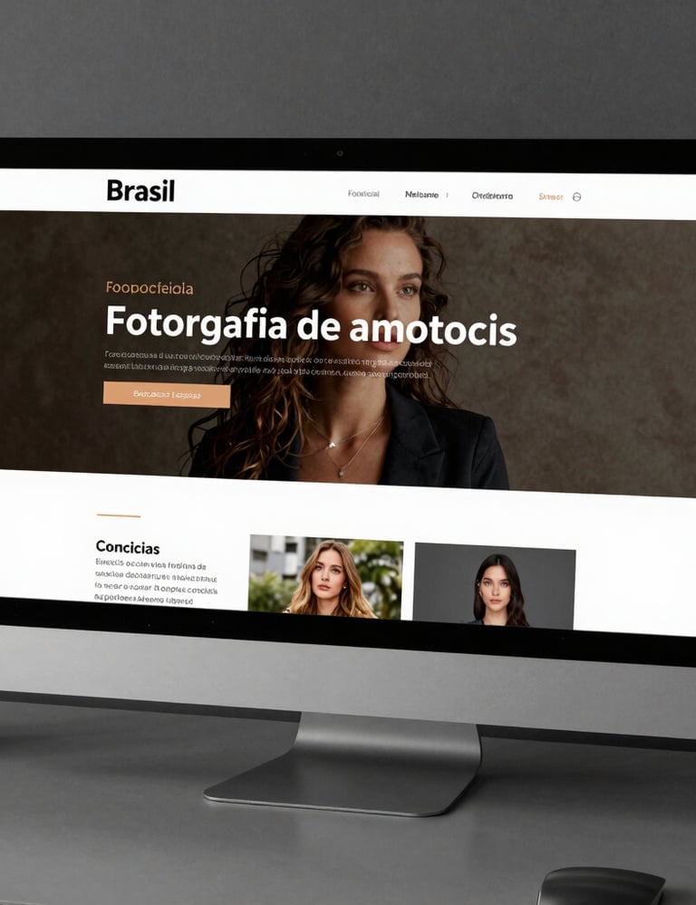 Fotografia de um mockup de site minimalista em um monitor elegante, focado em linhas puras e tipografia refinada, fundo cinza escuro profissional, ambiente corporativo criativo no Brasil.