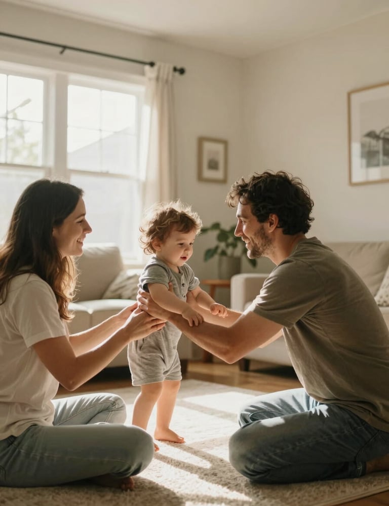 Authentic candid moment of parents playing with their toddler in a bright North American living room, sun-drenched Soft Sand walls, cinematic lighting, heartfelt interaction.