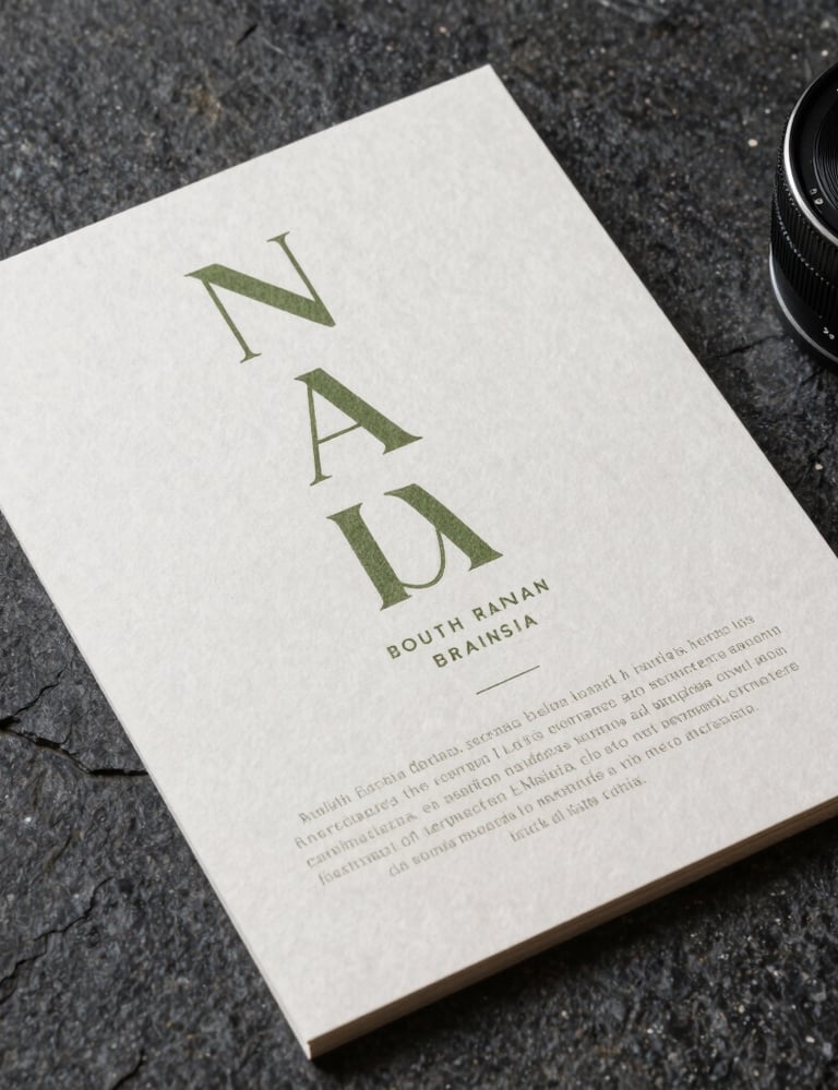 Photography of a premium branding project for a boutique hotel, featuring printed stationery on heavy textured paper with olive green typography, placed on a dark stone surface, South American / Brazilian style.