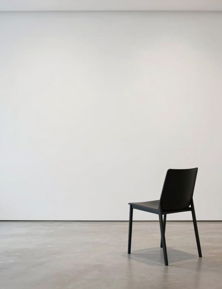 Lifestyle photograph of a person in a minimalist black chair within a bright white gallery space, focus on clean lines and negative space, artistic and calm, International Professional context.