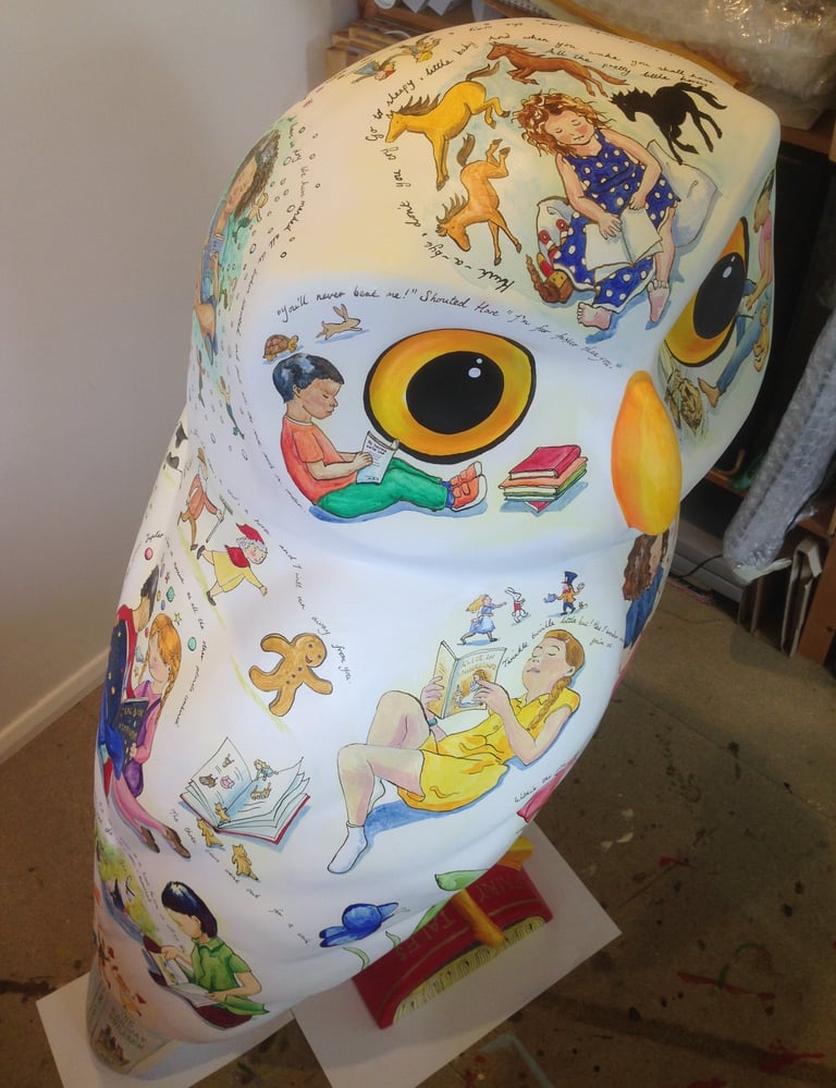Glymfeather owl painted for Waterstones with book characters for Owls of Bath by Laura Fearn