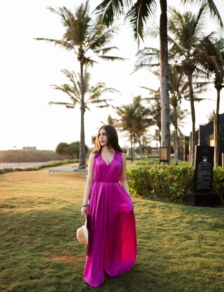 Portrait session walking under tropical palm trees at Alila Soori Tabanan Bali