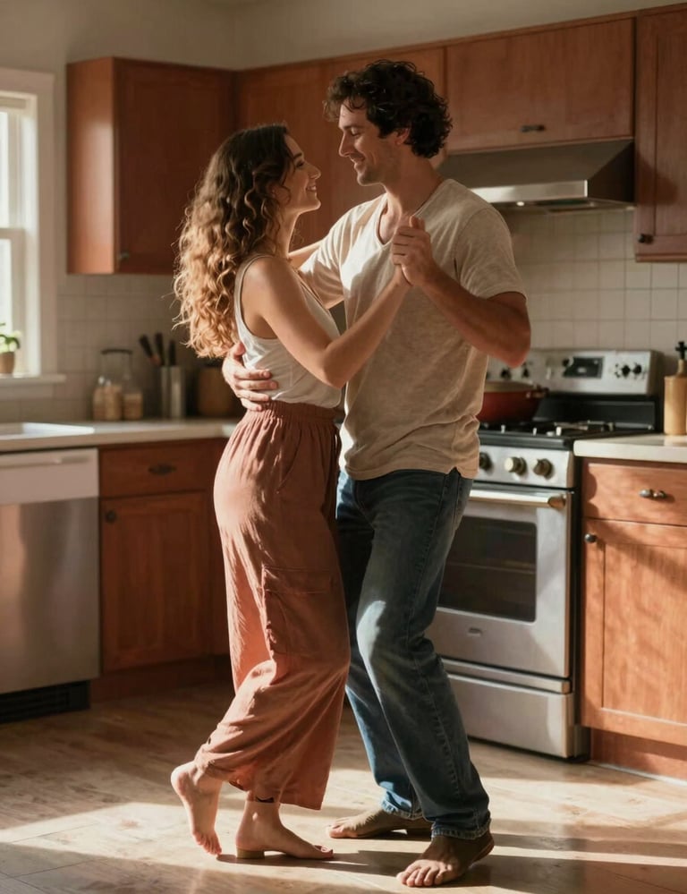 A joyful North American / US couple dancing in a sun-lit kitchen. The mood is intimate and authentic. Cinematic composition with highlights reflecting Soft Sand and Terracotta.