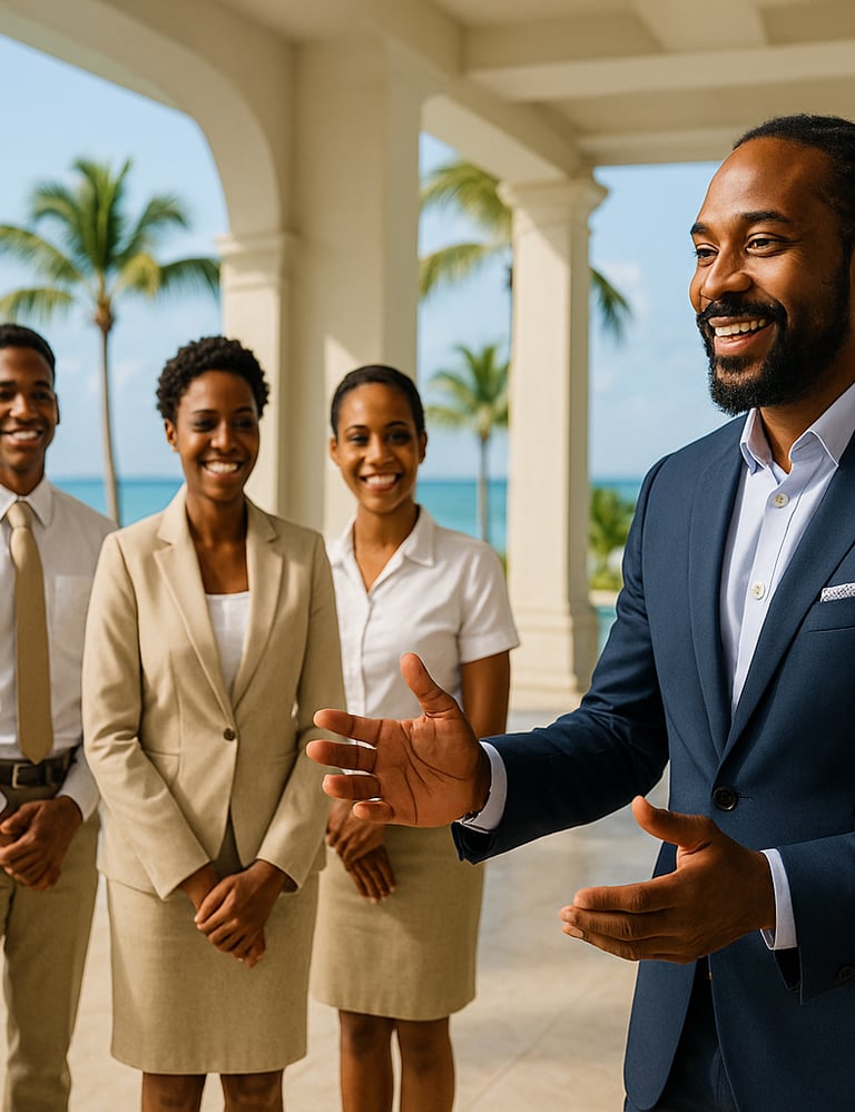 Coach en formation hôtelière haut de gamme avec équipe dans un hôtel caribéen de luxe