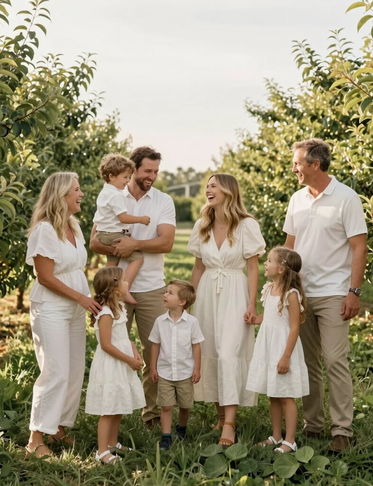 A wide photography shot of a family laughing and playing in a lush green orchard in West Michigan. Bright and airy composition with warm creamy white and pale olive colors, capturing a joyous and sophisticated moment.