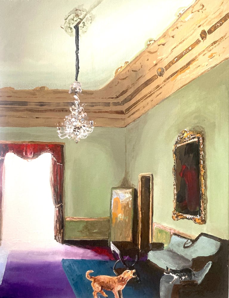 a painting of a dog and cat in a room