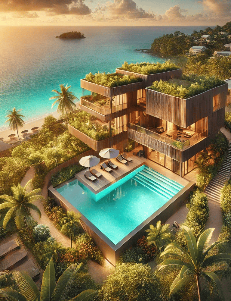 Vue aérienne d'un complexe hôtelier haut de gamme niché dans un jardin tropical luxuriant avec piscine, construit en bois dur