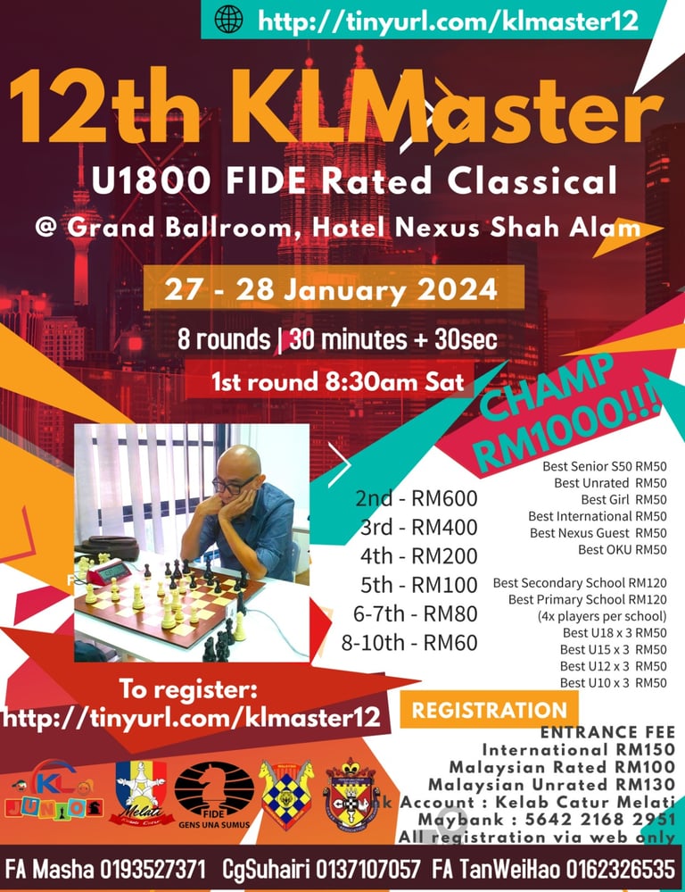 Malaysia Chess. Catur Malaysia. 12th KLMaster U1800 FIDE Rated Classical Chess Championship 2024 
