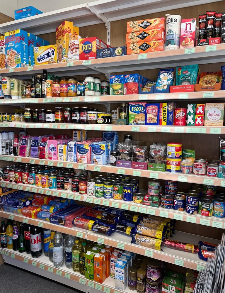 Westbury-sub-Mendip Community Shop shelving stacked with a massive variety of products