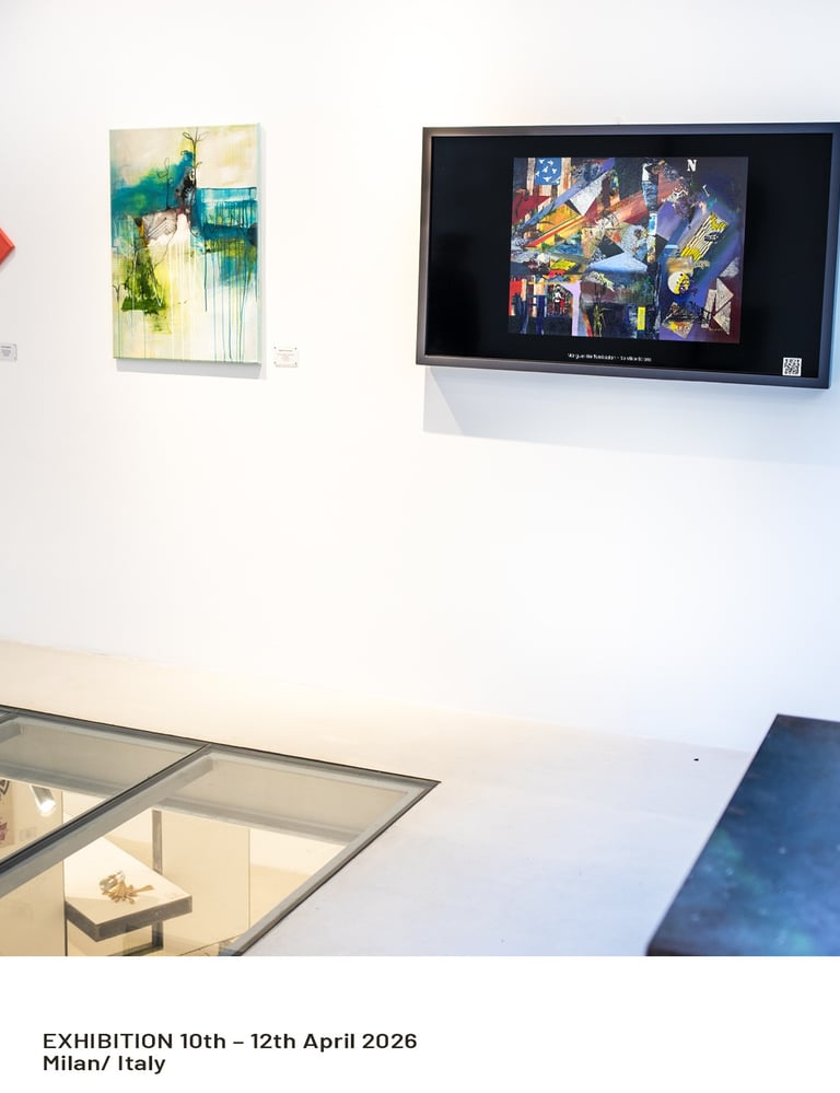 Fine art by Margueritte Tonbazian exhibited on digital screens in Milan, Italy, 2026.