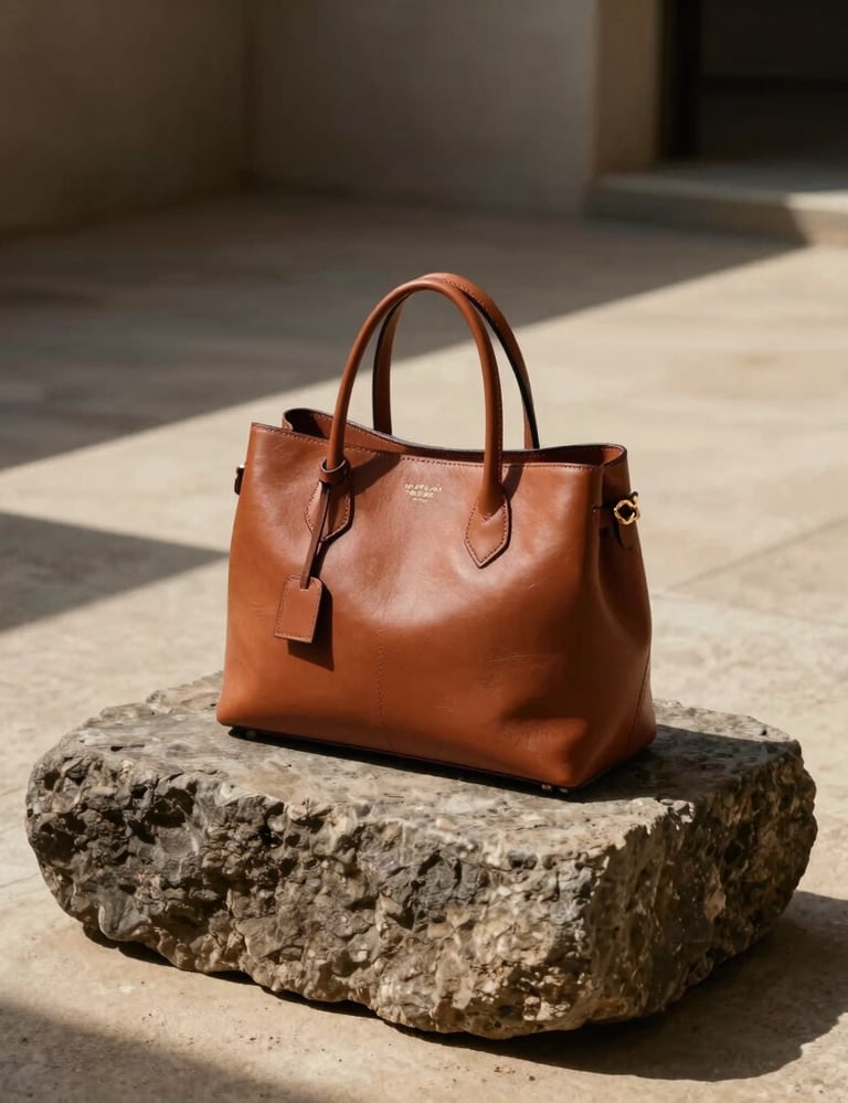 An editorial fashion photograph featuring a high-end designer bag made of refined soft terracotta-brown leather, placed on a raw stone block in a minimalist courtyard in Rio de Janeiro, Brazil. Warm, direct sunlight casting sharp poetic shadows. High-fashion magazine layout, muted sand and deep charcoal accents.