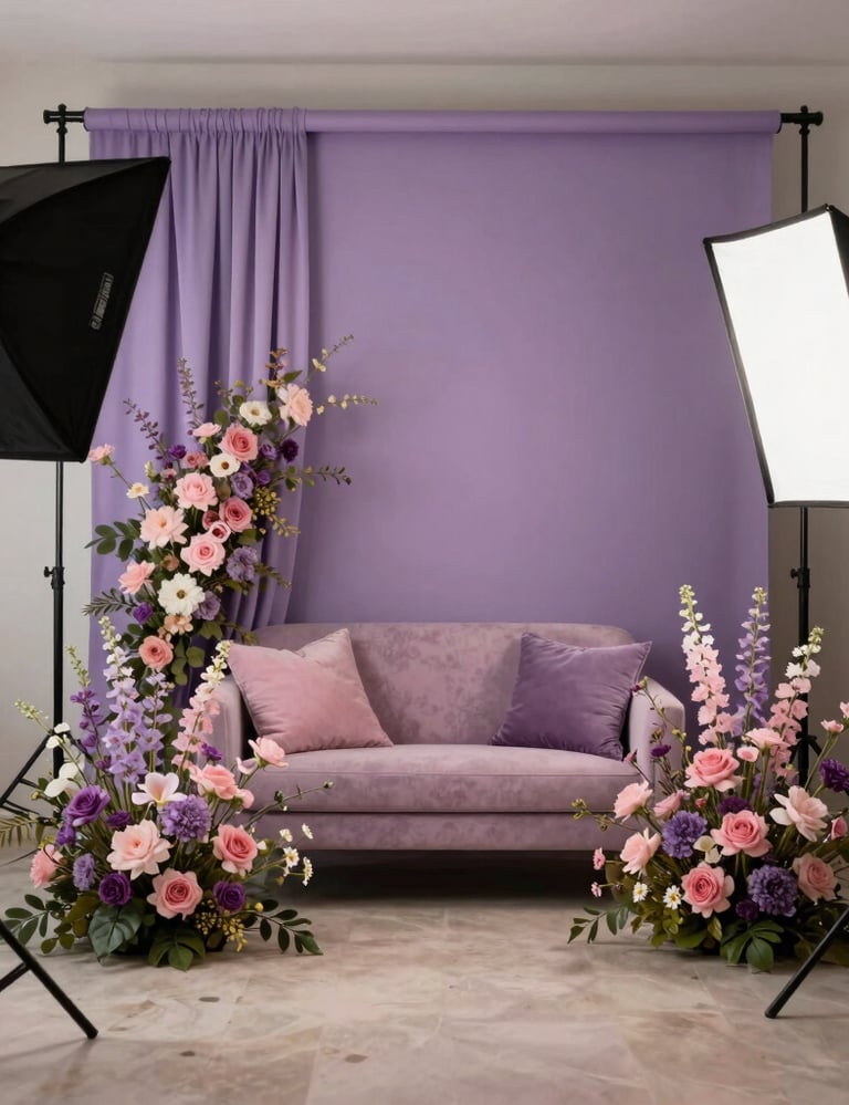 A beautifully arranged home photography studio in the Gulf, featuring elegant floral backdrops in muted purple and pink tones, professional lighting equipment, and a sophisticated atmosphere.
