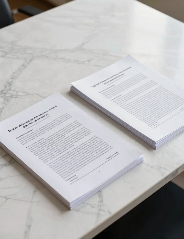 A high-end editorial photograph of printed academic papers on digital violence and the manosphere, arranged neatly on a pristine white marble desk in a Mexican / Latin American university setting. Clean shadows, soft daylight, and modern design.