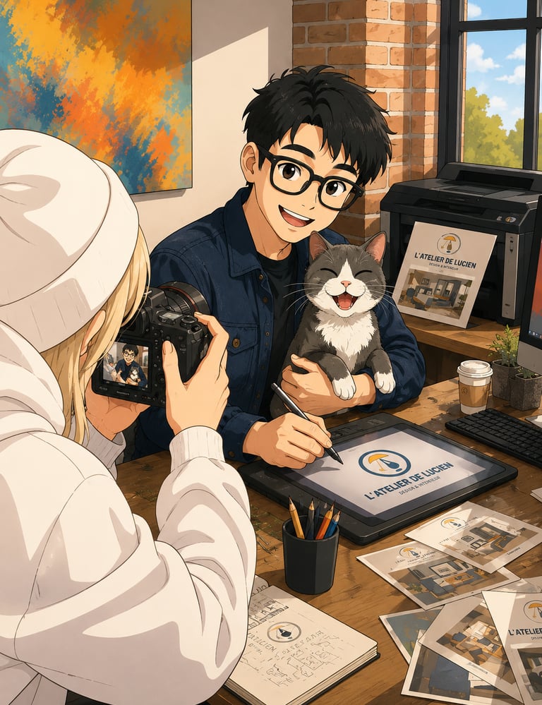 Illustration style cartoon manga d’un jeune graphiste nommé Lucien travaillant dans son atelier créa