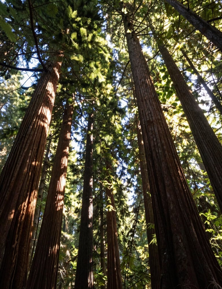 A low-angle shot looking up at towering redwood trees in a North American temperate rainforest, dappled sunlight filtering through the canopy, clean and immersive composition.