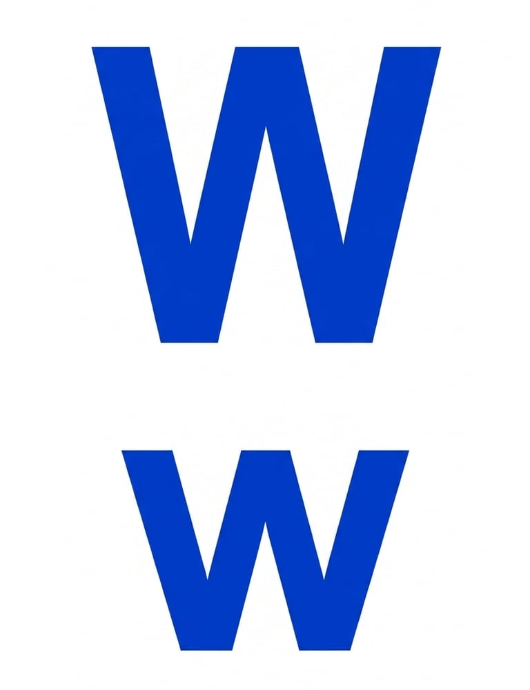 A simple graphic featuring a large blue capital letter W stacked above a smaller blue capital W.