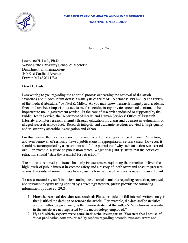 Official 2026 letter from the Secretary of Health and Human Services regarding vaccine safety research integrity.