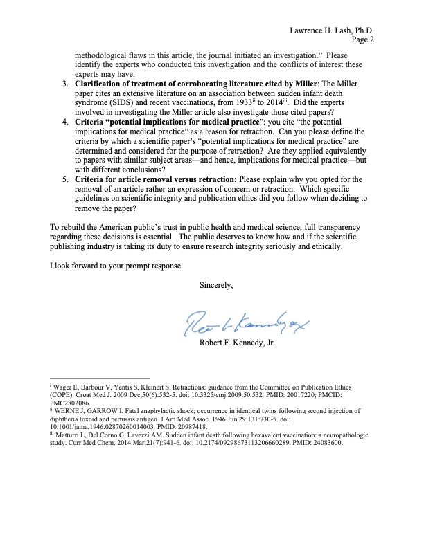 Formal letter signed by Robert F. Kennedy Jr. regarding vaccine safety research and journal article retractions.