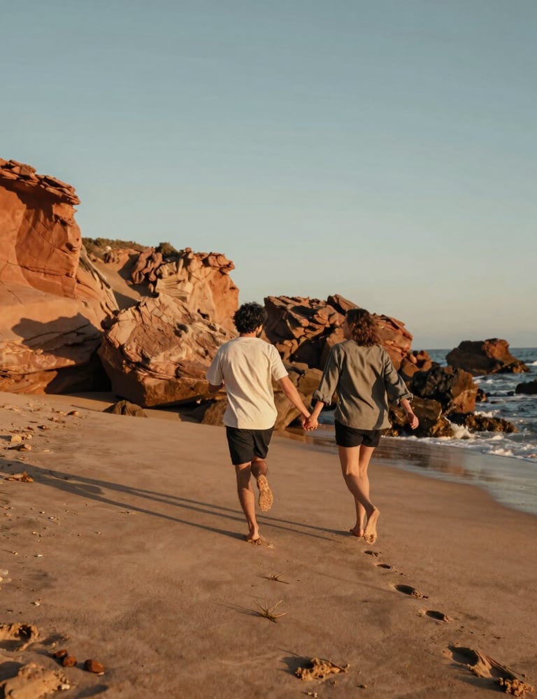 A beautiful documentary lifestyle photo of a couple running hand-in-hand along a rugged Spanish coastline. Warm sand and terracotta rock formations in the background, with the golden hour sun casting long shadows, creating a nostalgic, cinematic mood.