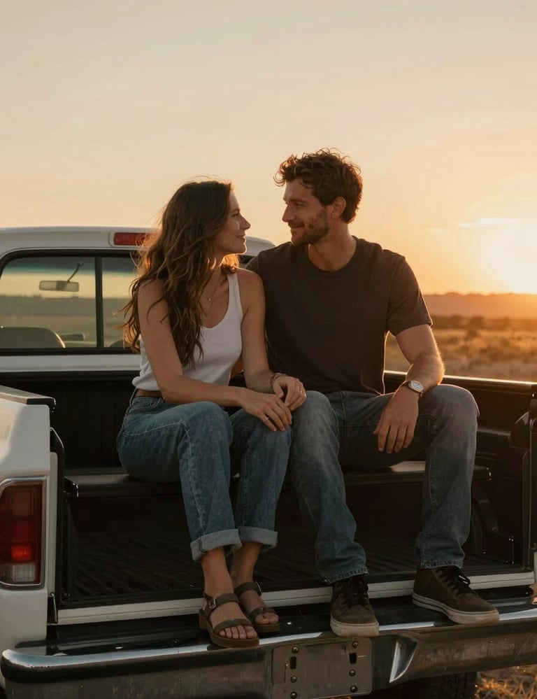 Intimate portrait of a couple sitting on the back of a vintage pickup truck during a North American sunset, warm sun-drenched tones, candid and cinematic style.