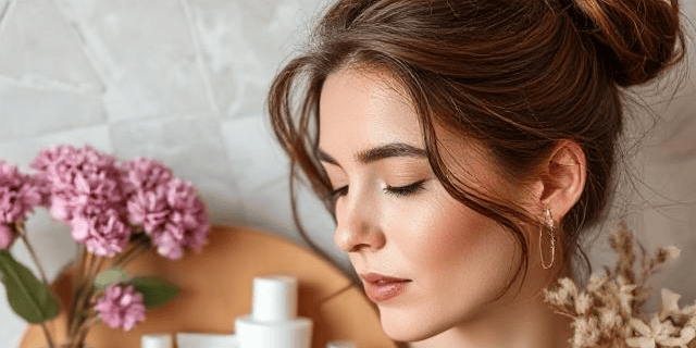 a woman with a tray of skin care products
