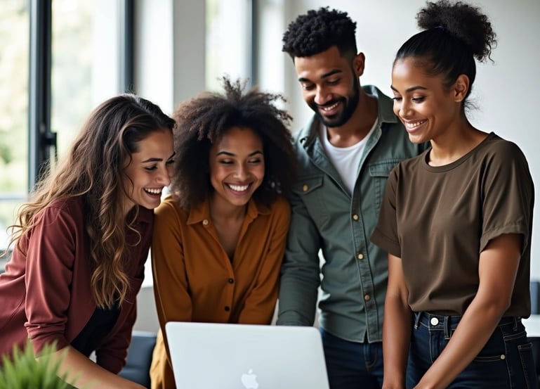 a group of people standing around a laptop computer