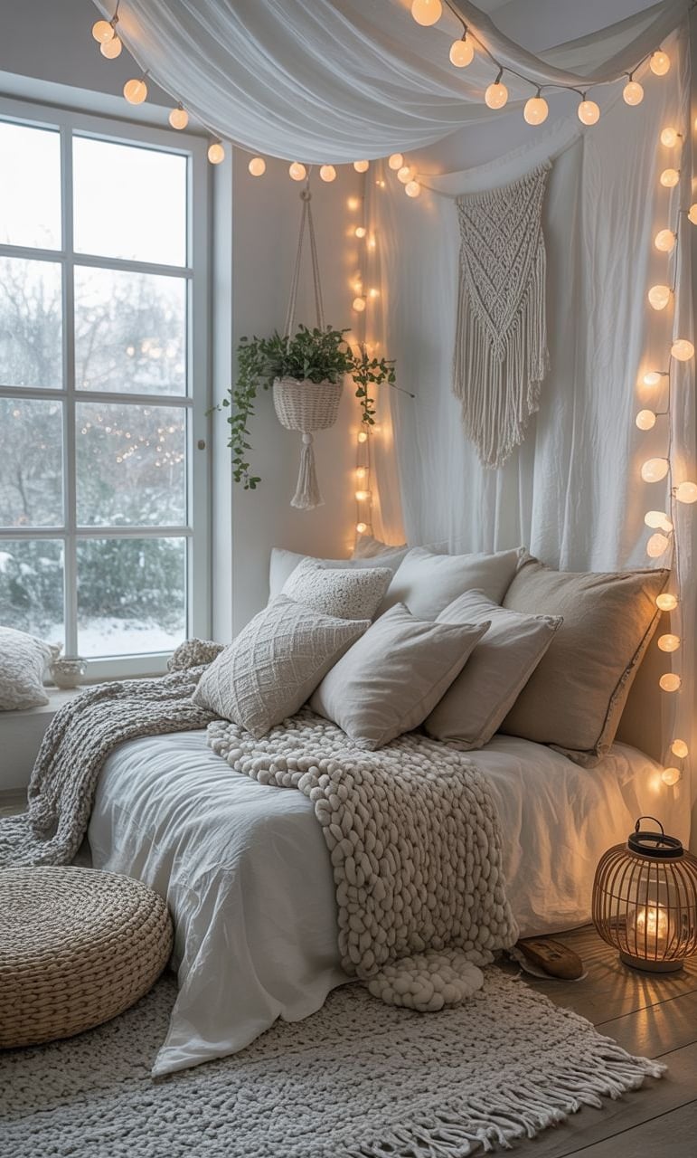 boho bedroom decorated with vintage lamps