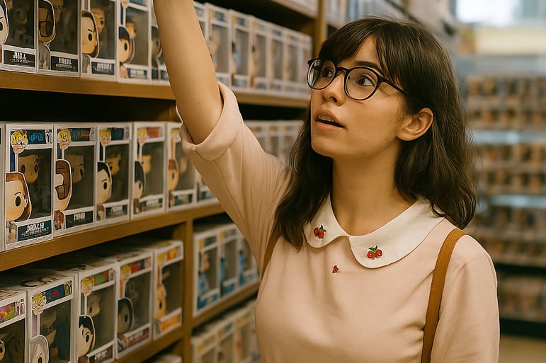 a woman in a dress shirt and glasses is looking at a toy in a toy