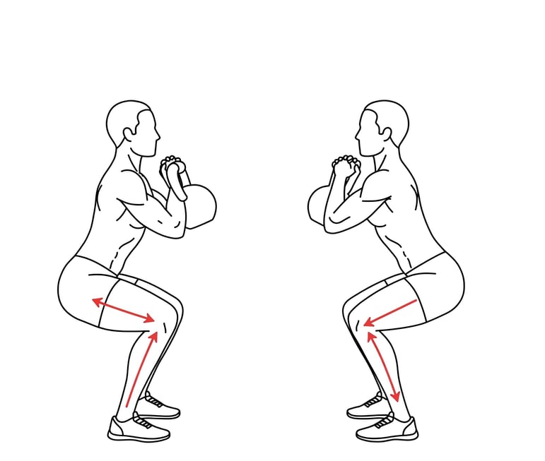 Ilustración lineal en blanco y negro de una persona ejecutando una sentadilla goblet con kettlebell